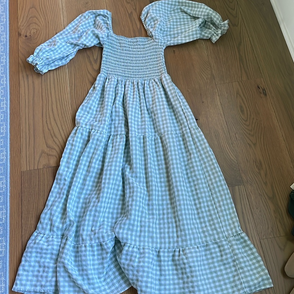 Green and white gingham checked maxi off the shoulder dress
